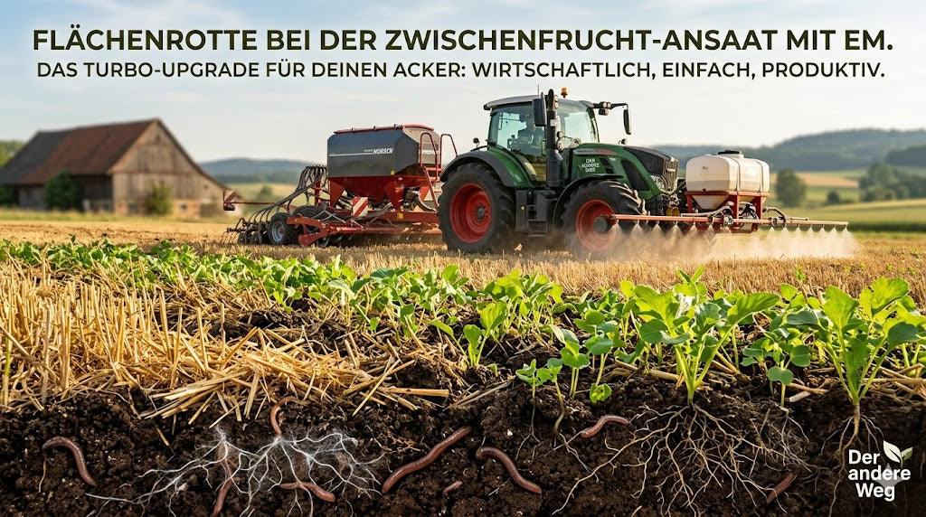 KI Bild eines Treckers mit Spritzeinheit und einem Querschnitt des Ackers 