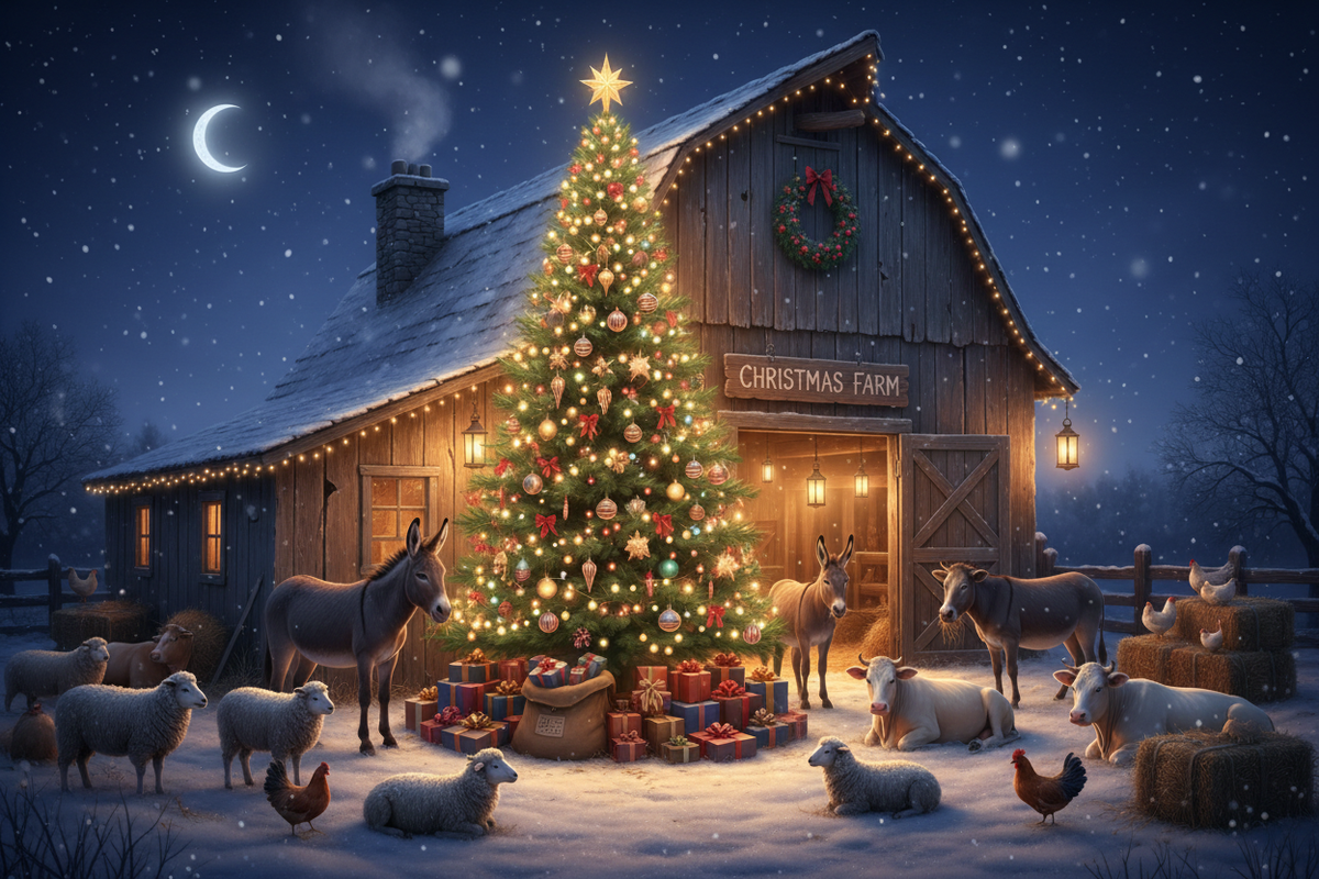 Der baum mit den geschenken vor einer scheune mit tieren